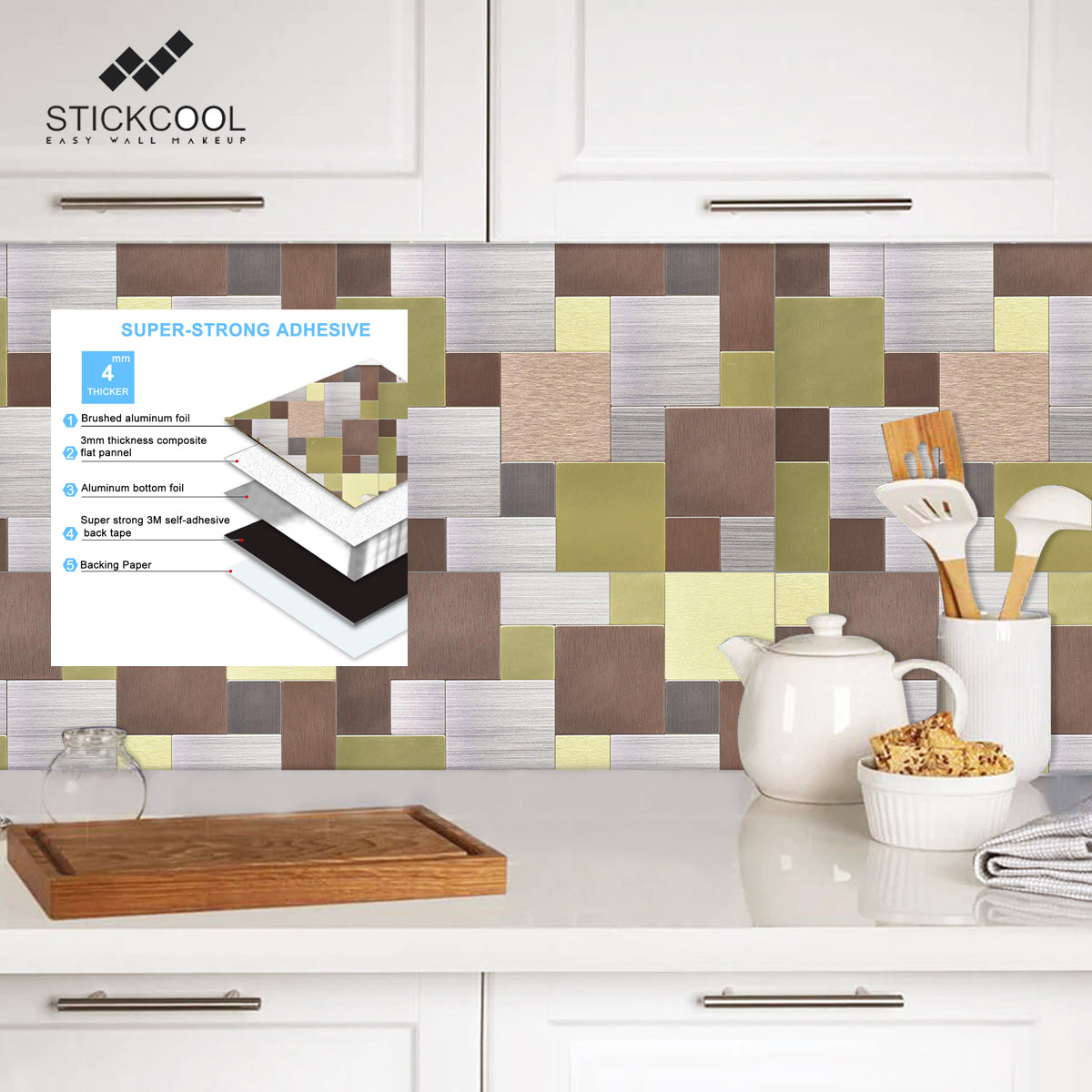 Mosaic Peel and Stick Self Adhesive Metal Backsplash Aluminum (BrownY/4mm) 5 Sheets