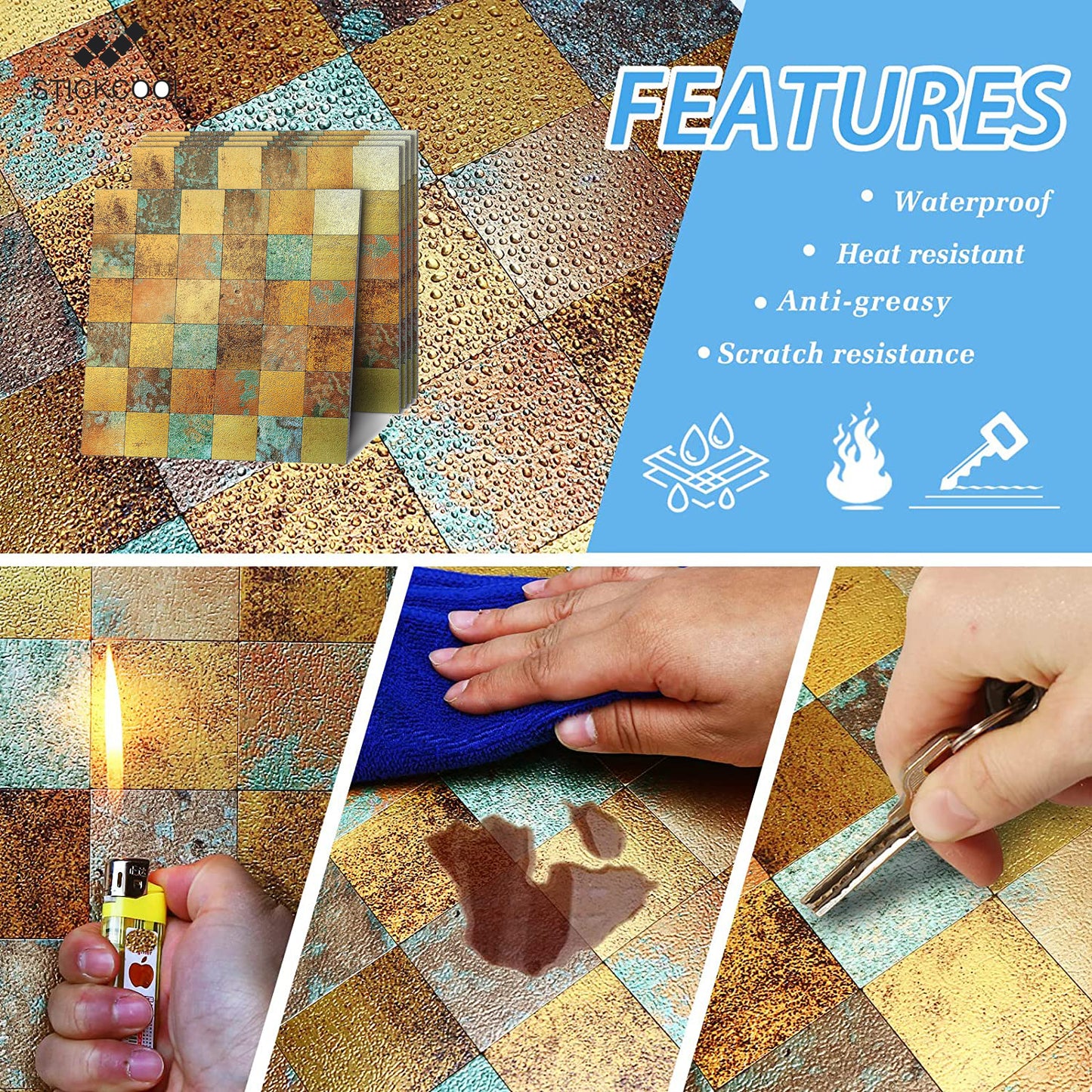 Backsplash Tile for Kitchen Peel and Stick, Rust Classical Retro Copper Peel and Stick Backsplash, 5 Sheets Self-Adhesive Aluminum Mosaic Tile