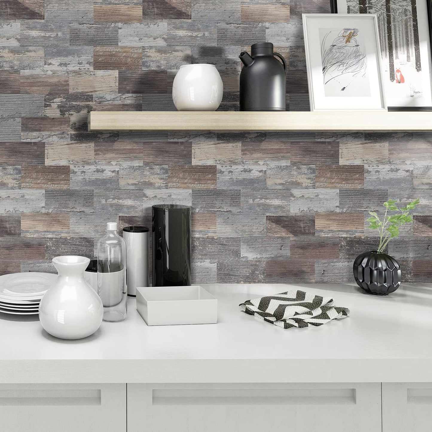 Subway Peel and Stick Backsplash, 29.5cmx28.8cm Stick on Kitchen Backsplash Composite Wall Tiles, Ecru Rustic Wood Panel Self Adhesive Tile for Kitchen and Bathroom