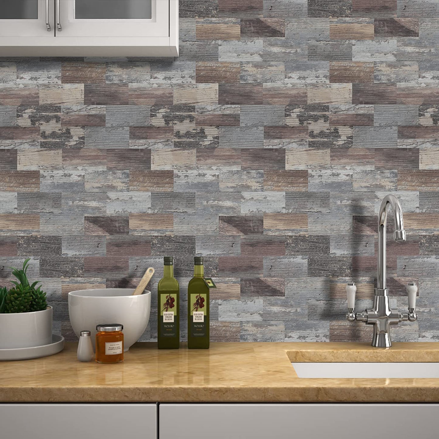 Subway Peel and Stick Backsplash, 29.5cmx28.8cm Stick on Kitchen Backsplash Composite Wall Tiles, Ecru Rustic Wood Panel Self Adhesive Tile for Kitchen and Bathroom