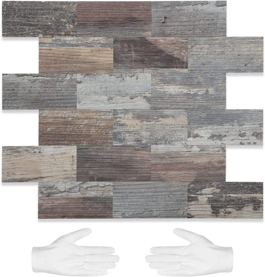 Subway Peel and Stick Backsplash, 29.5cmx28.8cm Stick on Kitchen Backsplash Composite Wall Tiles, Ecru Rustic Wood Panel Self Adhesive Tile for Kitchen and Bathroom