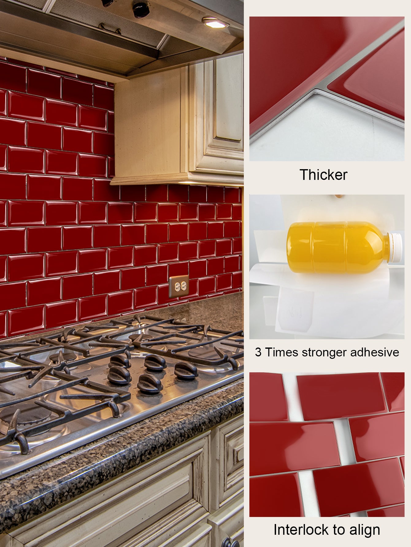 10-Sheet Mosaic Tiles Peel and Stick Backsplash Kitchen 2.5mm Thicker Design - Rose Red