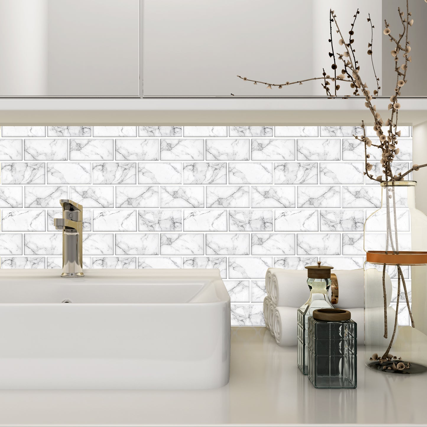 10 Sheet Subway Tiles Peel and Stick Backsplash - Grey White - Thicker Design 2.5mm