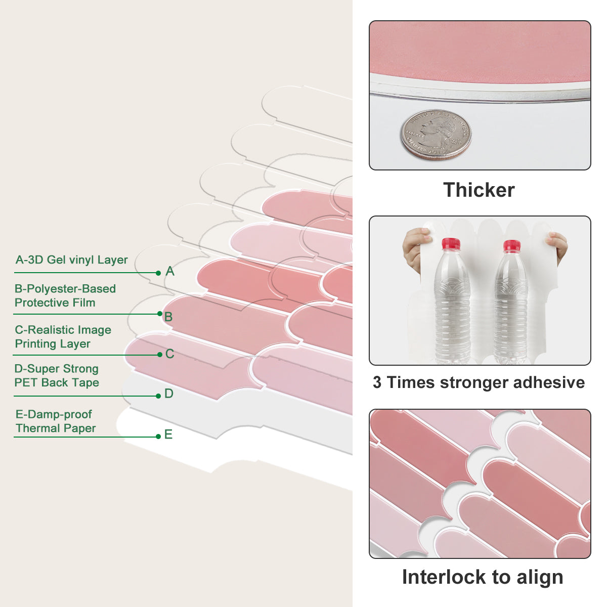10-Sheet Mosaic Tiles Peel and Stick Backsplash Kitchen 2.5mm Thicker Design - Coral