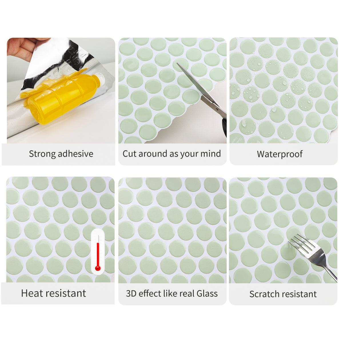 10-Sheet Mosaic Tiles Peel and Stick Backsplash Kitchen 1.2mm- Round Dot Light Green