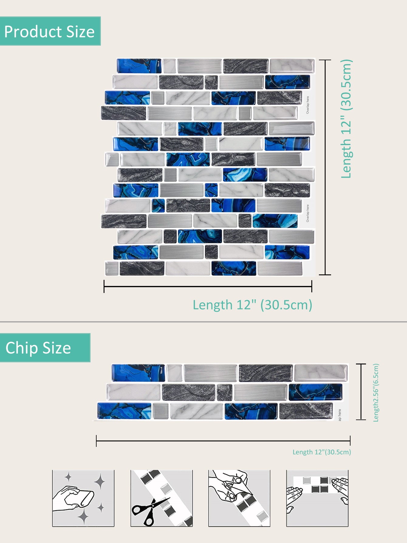 10-Sheet Mosaic Tiles Peel and Stick Backsplash Kitchen 2.5mm Thicker Design - Sapphire