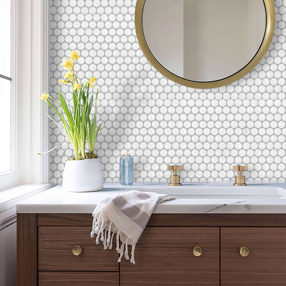 10-Sheet Mosaic Tiles Peel and Stick Backsplash Kitchen 1.2mm- Penny Round WHT