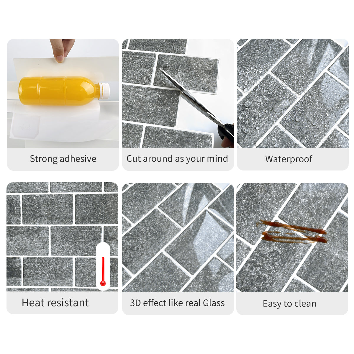 10-Sheet Mosaic Tiles Peel and Stick Backsplash Kitchen 2.0mm - Brick Grey
