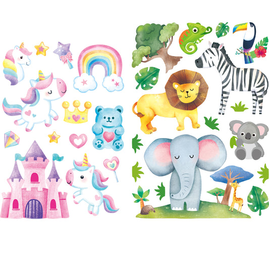 Kids Love stickers - Watercolor Unicorn & Jungle Animal Wall Decals-Removable Kids Room Stickers