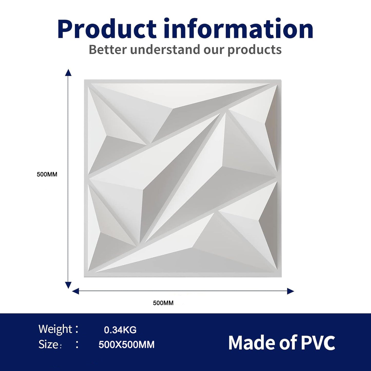 4M² /16PCS 3D PVC Wall Panel in Diamond Design, 500X500mm Matt White-L