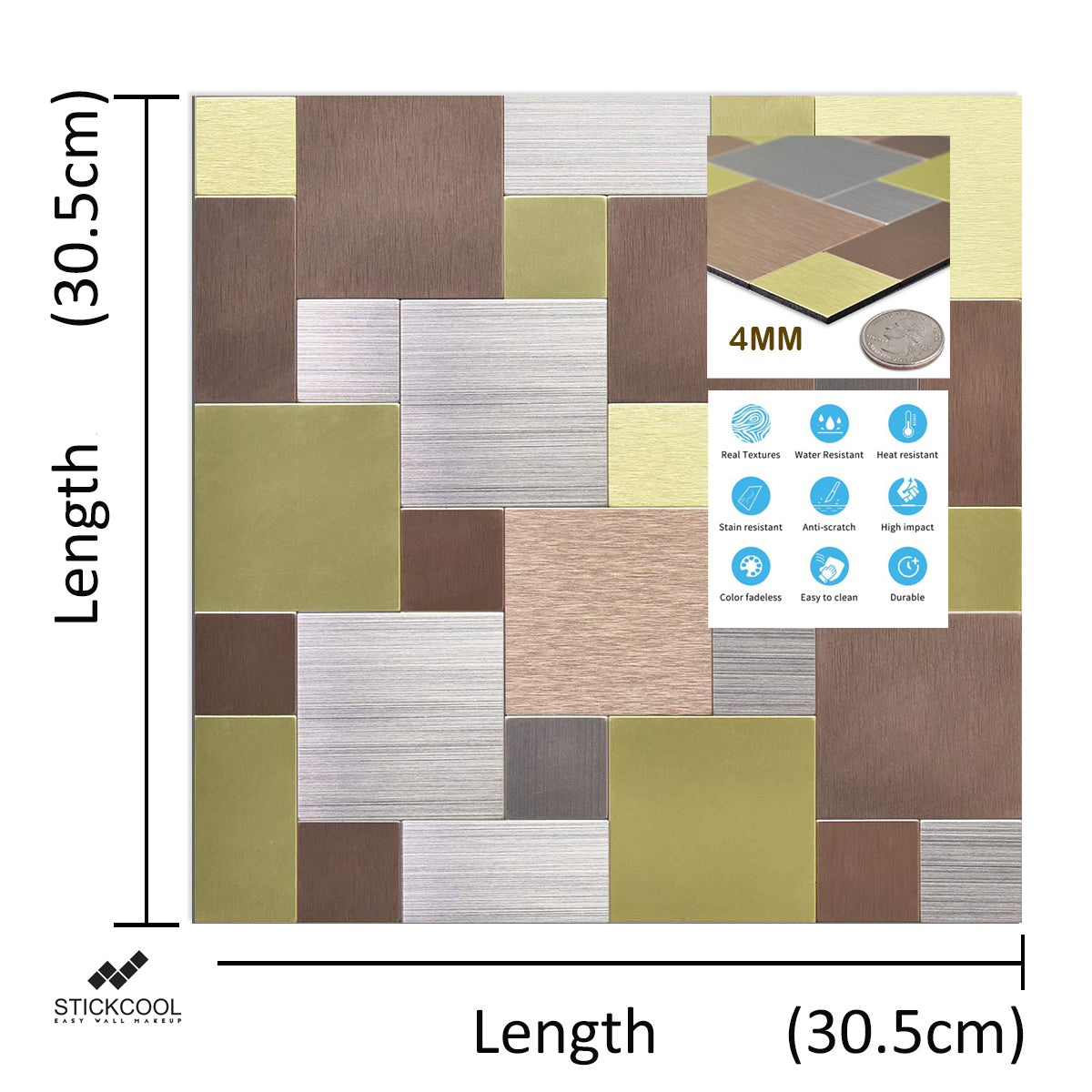 Mosaic Peel and Stick Self Adhesive Metal Backsplash Aluminum  (BrownY/4mm) 5 Sheets