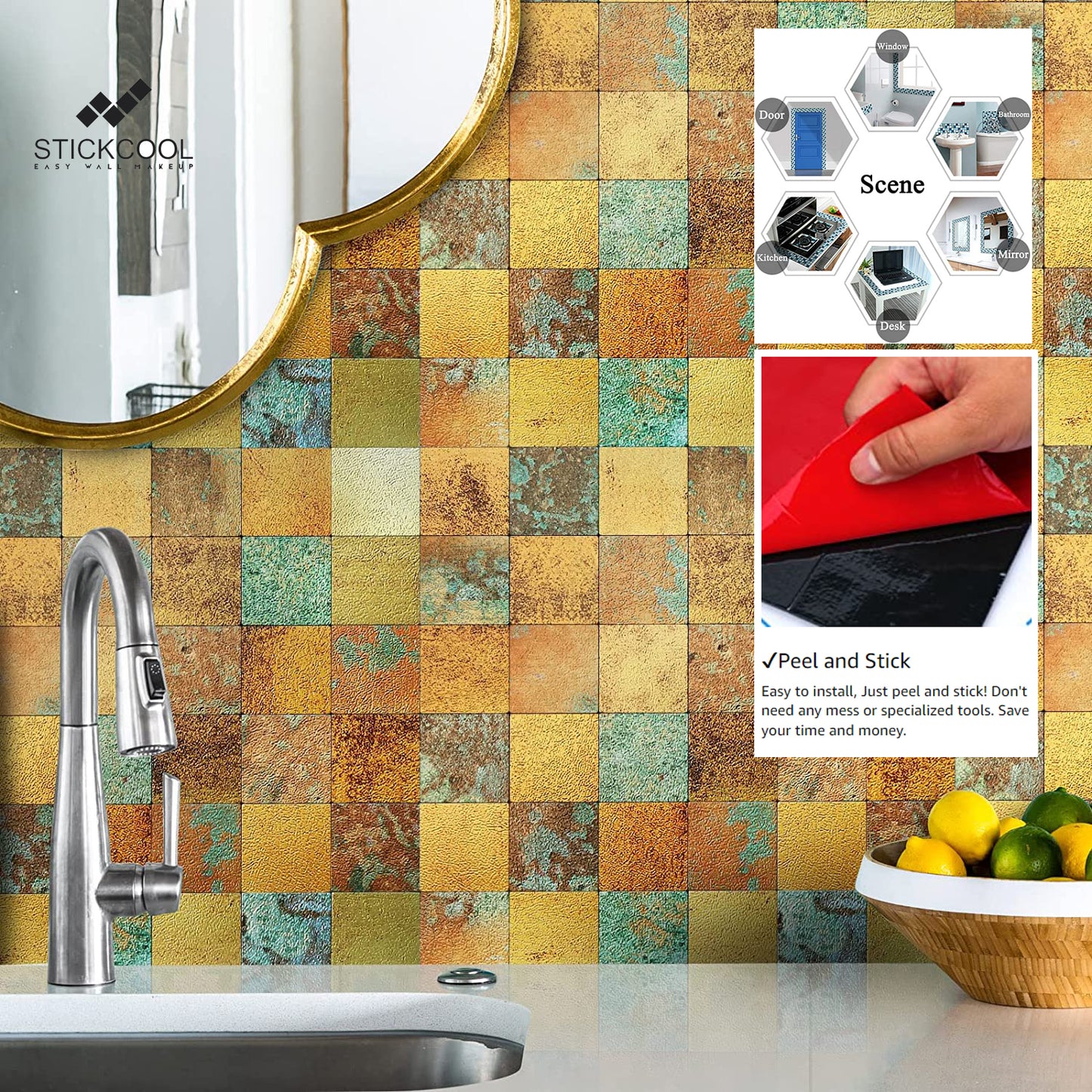 Backsplash Tile for Kitchen Peel and Stick, Rust Classical Retro Copper Peel and Stick Backsplash, 5 Sheets Self-Adhesive Aluminum Mosaic Tile