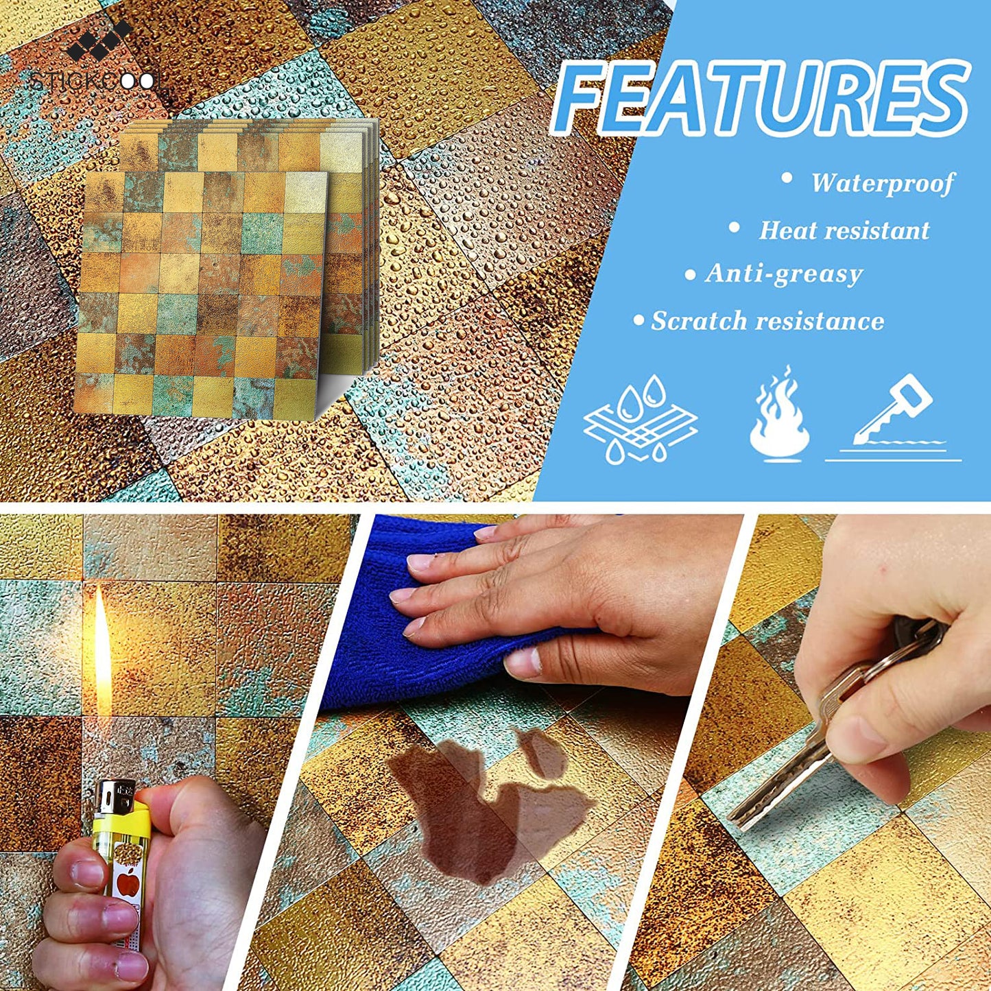 Backsplash Tile for Kitchen Peel and Stick, Rust Classical Retro Copper Peel and Stick Backsplash, 5 Sheets Self-Adhesive Aluminum Mosaic Tile
