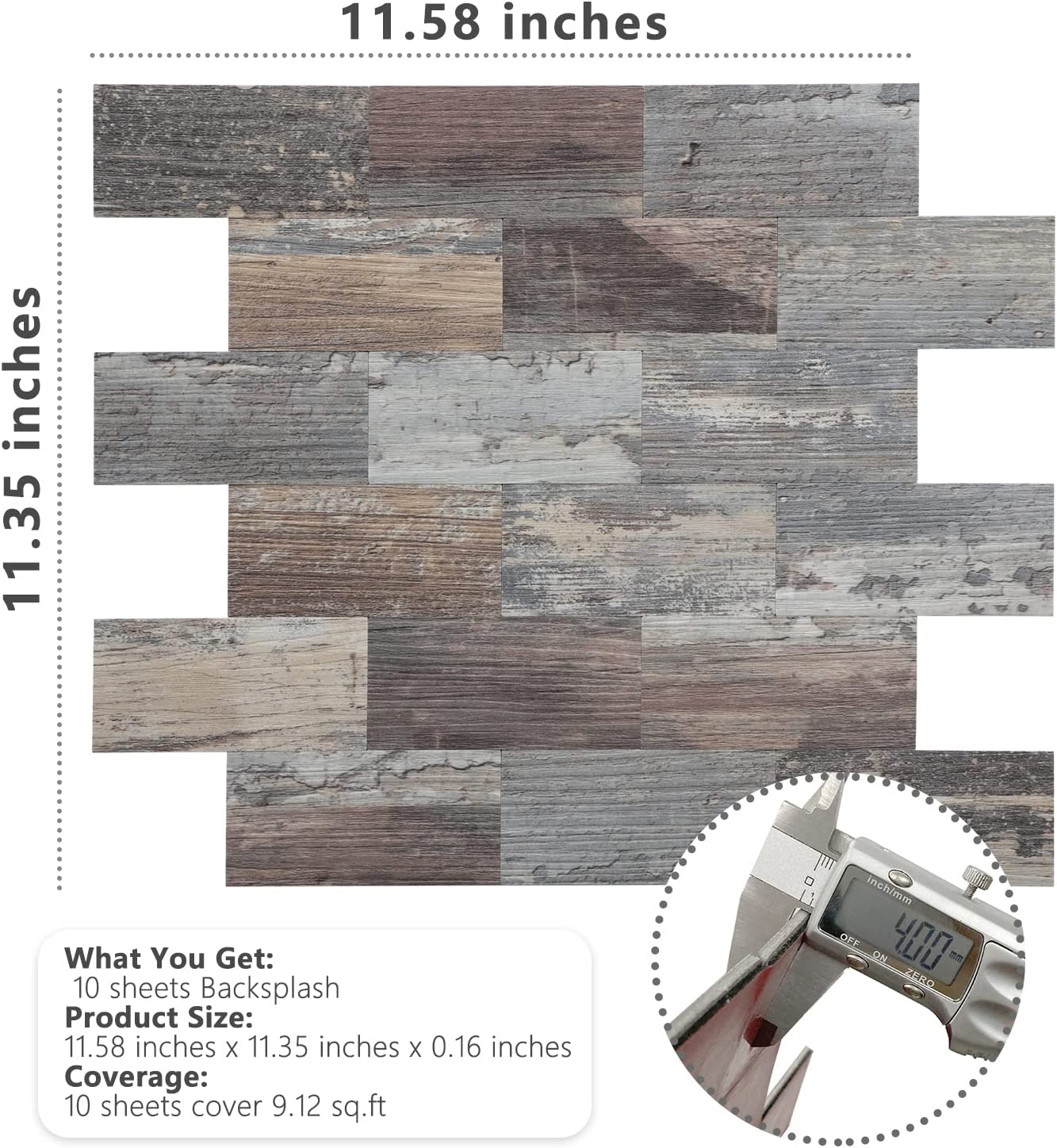 Subway Peel and Stick Backsplash, 29.5cmx28.8cm Stick on Kitchen Backsplash Composite Wall Tiles, Ecru Rustic Wood Panel Self Adhesive Tile for Kitchen and Bathroom