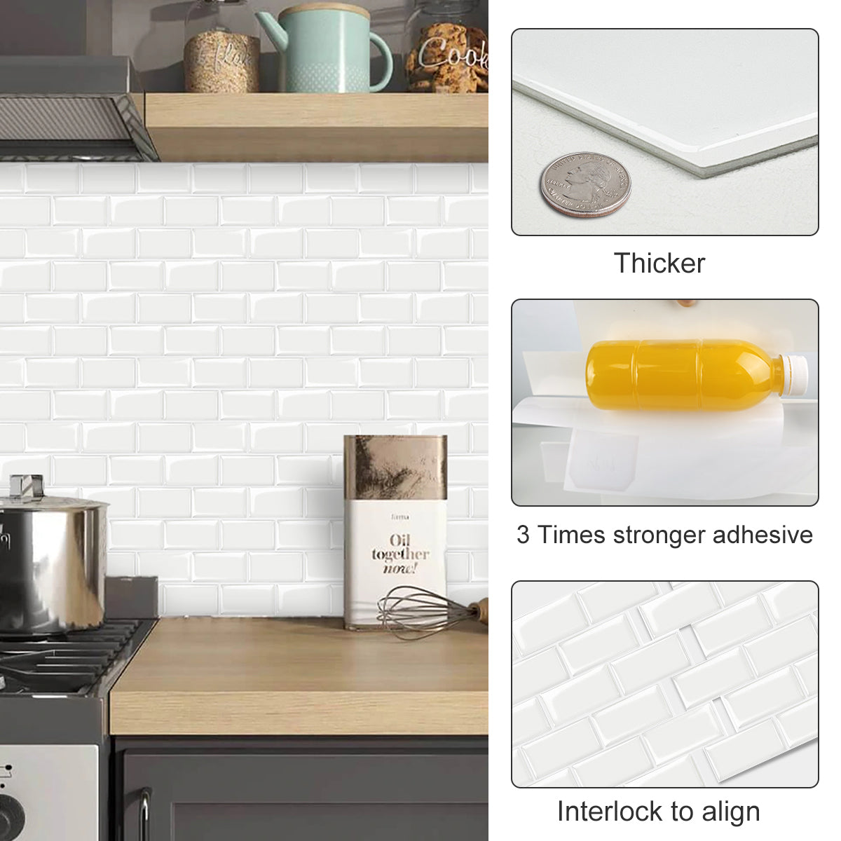 10-Sheet White Subway Tiles Peel and Stick Backsplash, Stick on Tiles Kitchen Backsplash (Thickness 2.5mm)