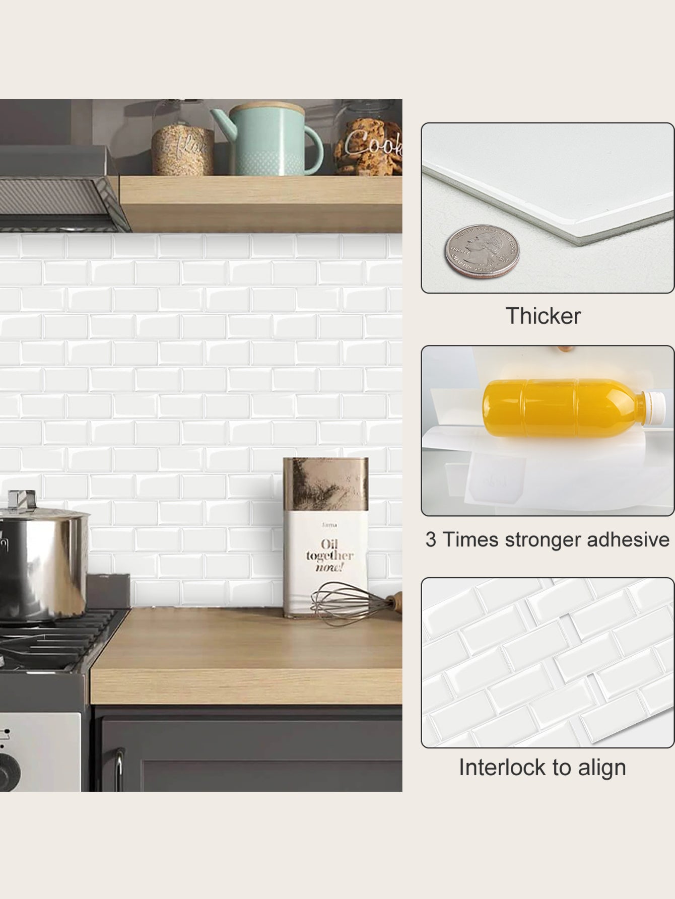 10-Sheet White Subway Tiles Peel and Stick Backsplash, Stick on Tiles Kitchen Backsplash (Thickness 2.5mm)