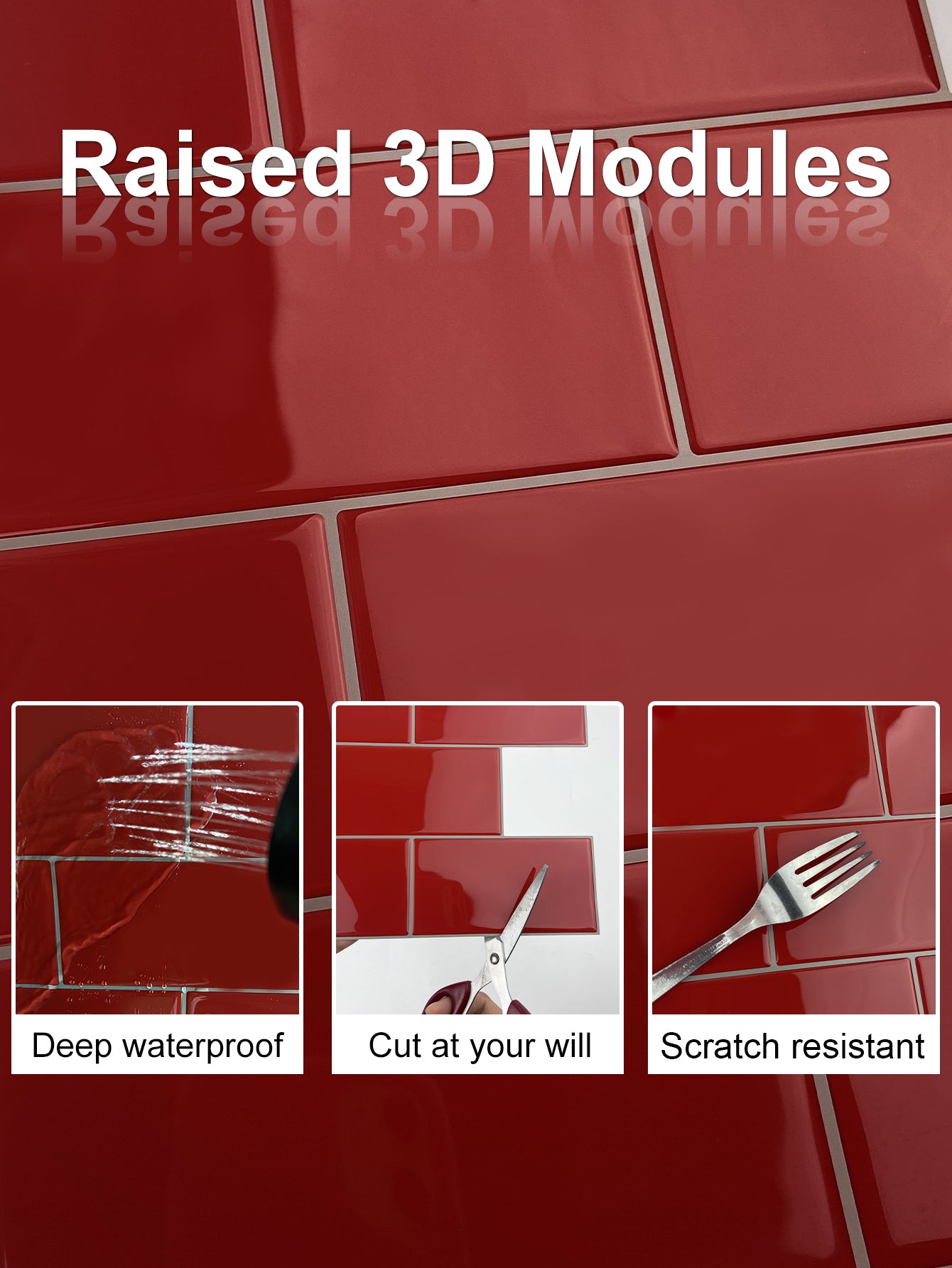 10-Sheet Mosaic Tiles Peel and Stick Backsplash Kitchen  2.5mm Thicker Design - Rose Red