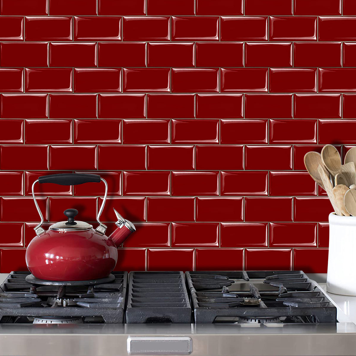 10-Sheet Mosaic Tiles Peel and Stick Backsplash Kitchen  2.5mm Thicker Design - Rose Red