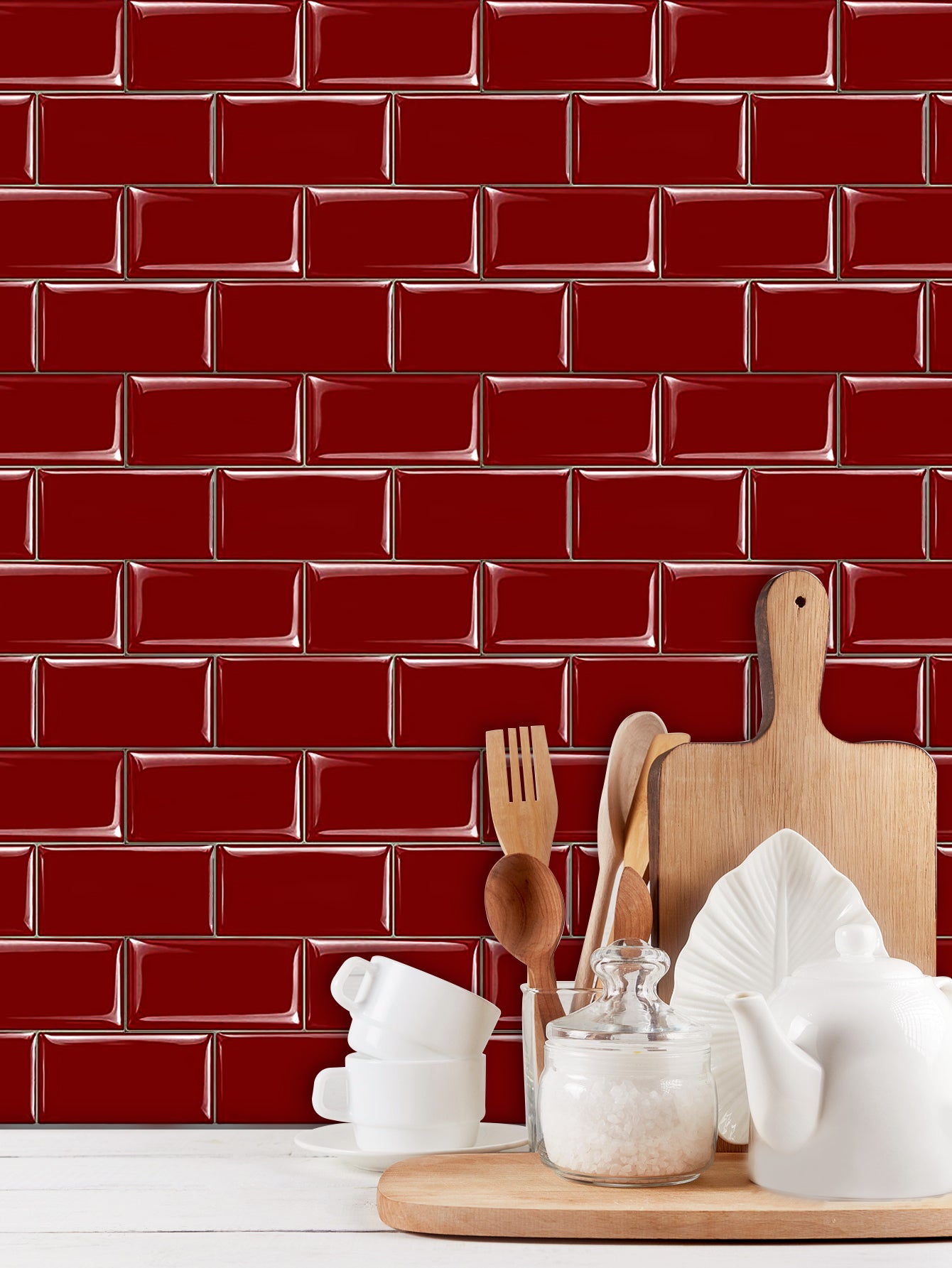 10-Sheet Mosaic Tiles Peel and Stick Backsplash Kitchen  2.5mm Thicker Design - Rose Red