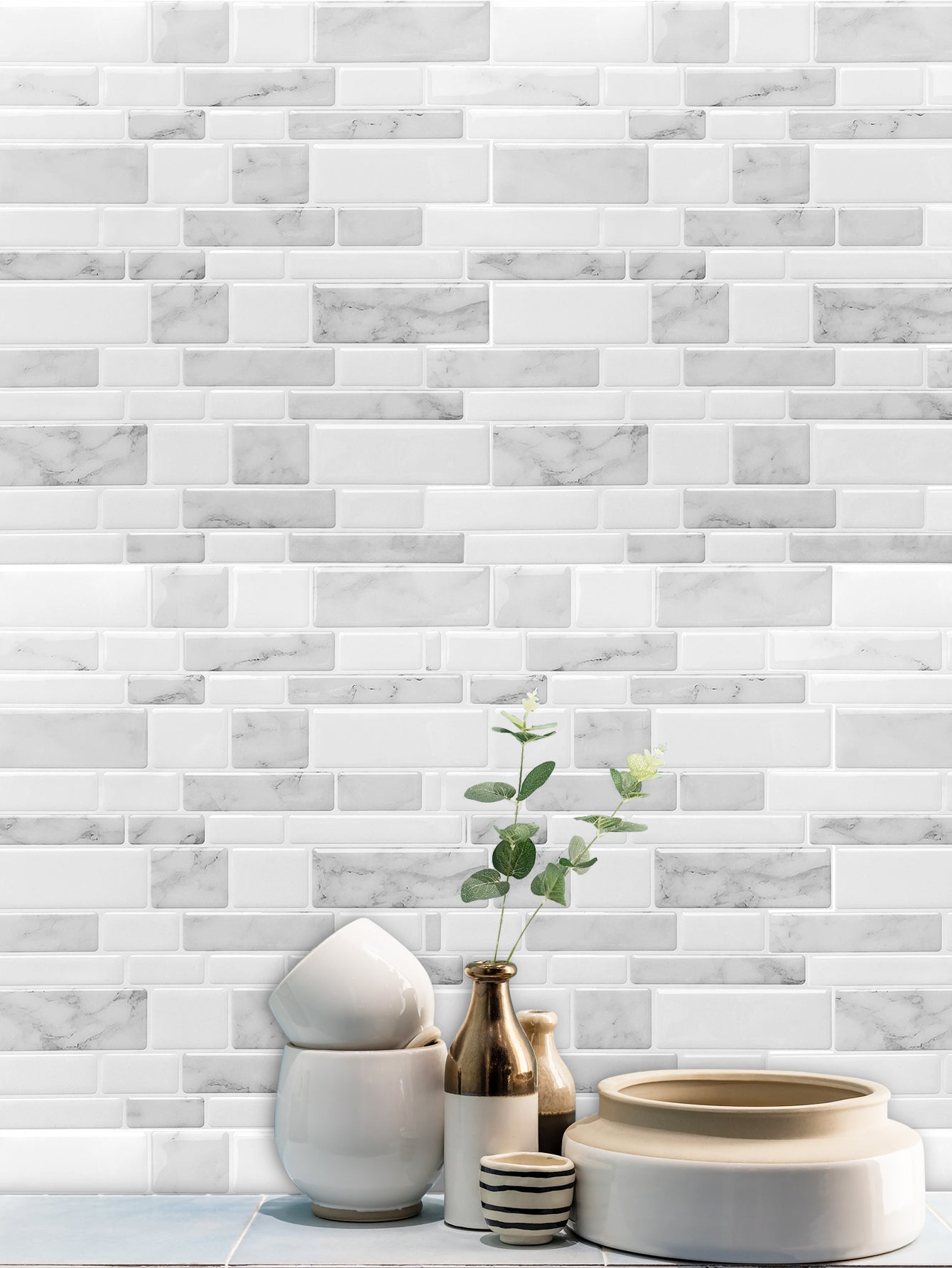 10-Sheet Mosaic Tiles Peel and Stick Backsplash Kitchen  2.5mm Thicker Design - Marble white